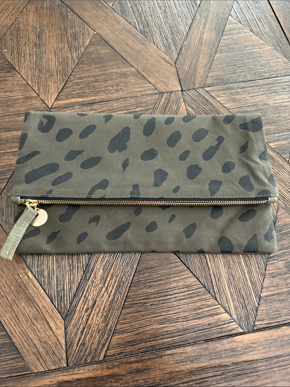 Clare V. Army Pablo Cat Foldover Clutch Canvas Crossbody Bag Like New